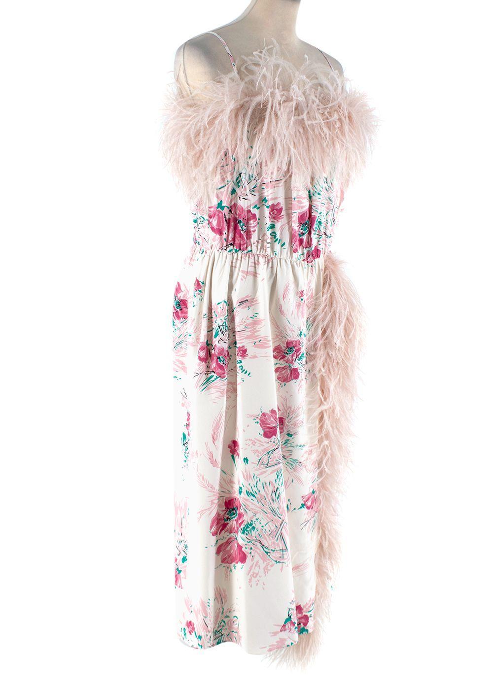 Pink Marabou-Trimmed Ivory Silk Floral Print Special Edition Dress

- Silk ivory sleeveless dress with floral print in fuchsia and green hues
- Ostrich feather trim in light pink to the collar and side slit
- Elasticated waistband
- Side