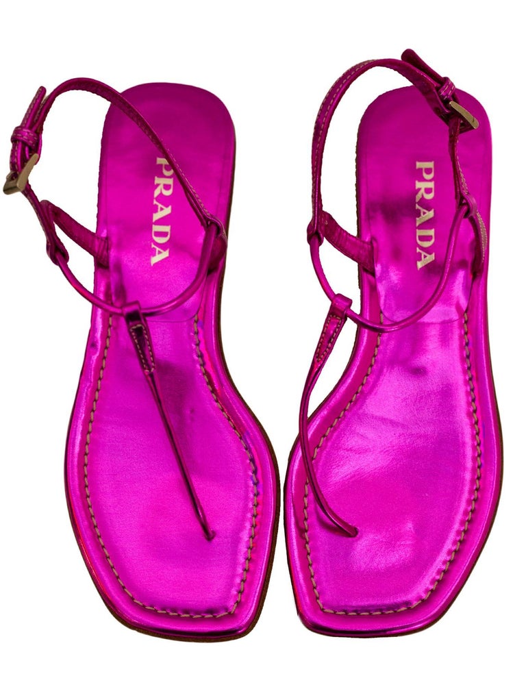 Prada Pink Metallic T-Strap Sandals Sz 35.5 NEW For Sale at 1stDibs | pink  metallic sandals
