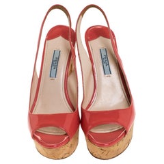 Prada Pink Patent Leather Cork Platform Slingback Sandals Size 36