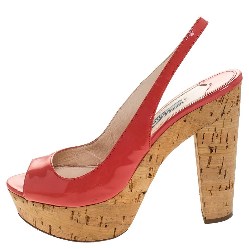 Brown Prada Pink Patent Leather Cork Platform Slingback Sandals Size 36