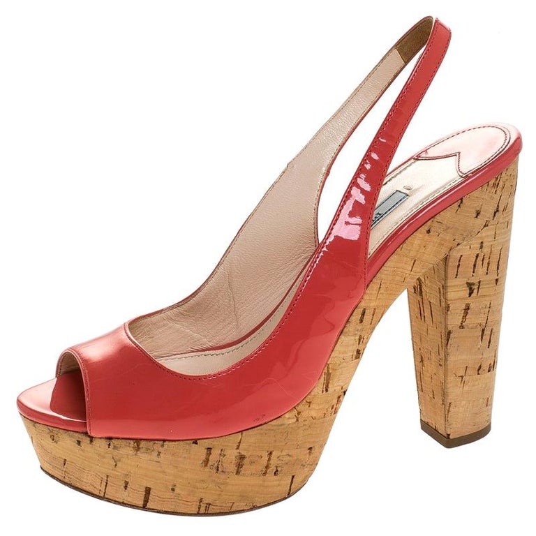 Prada Pink Patent Leather Cork Platform Slingback Sandals Size 36 For Sale