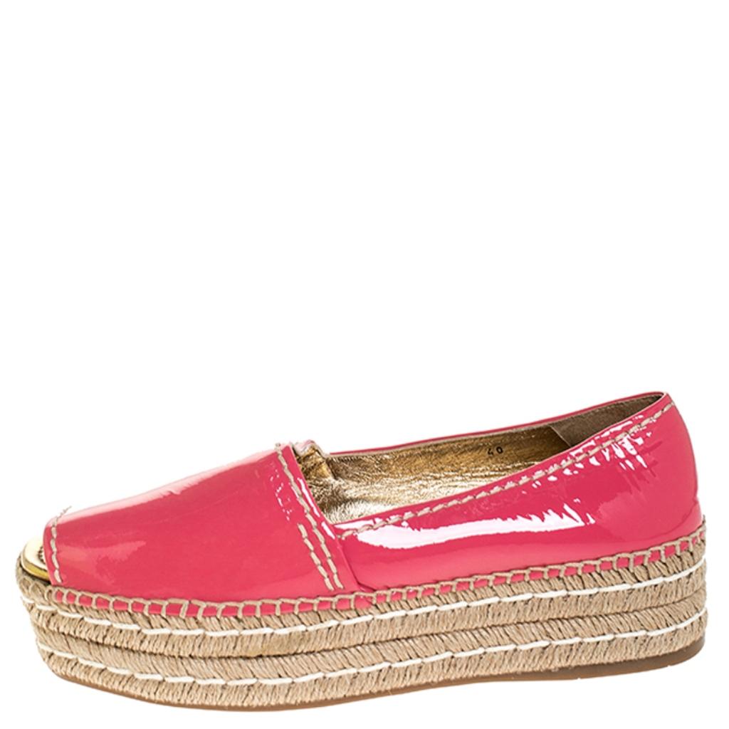 Prada Pink Patent Leather Peep Toe Platform Espadrilles Size 40 1