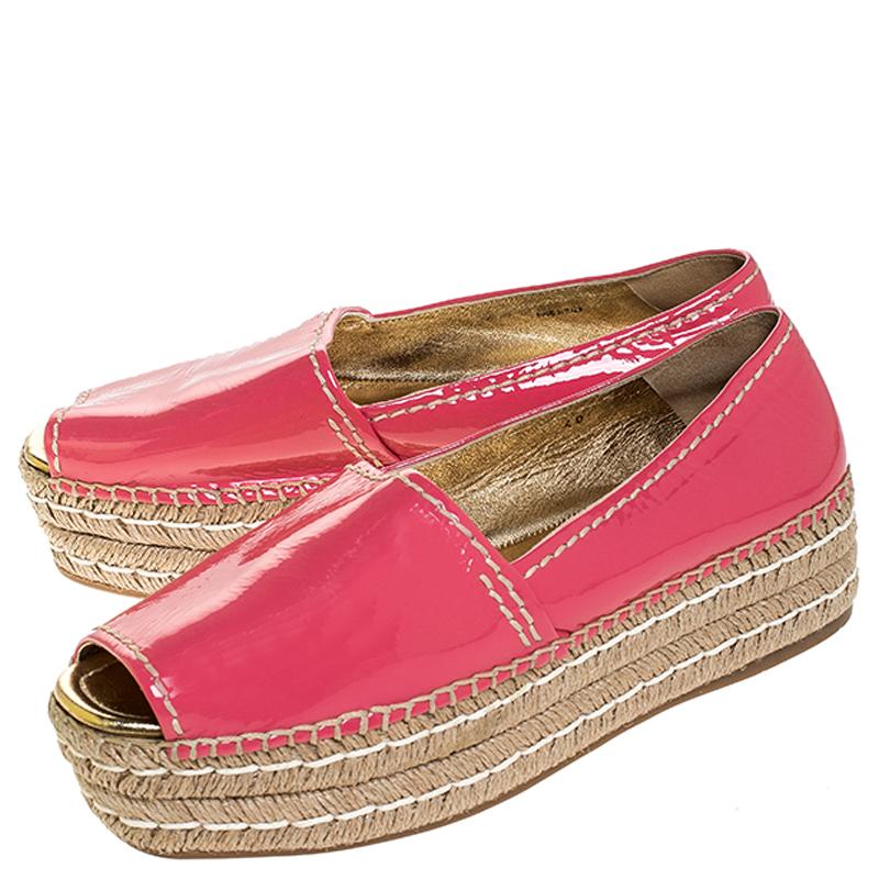 Women's Prada Pink Patent Leather Peep Toe Platform Espadrilles Size 40 For Sale