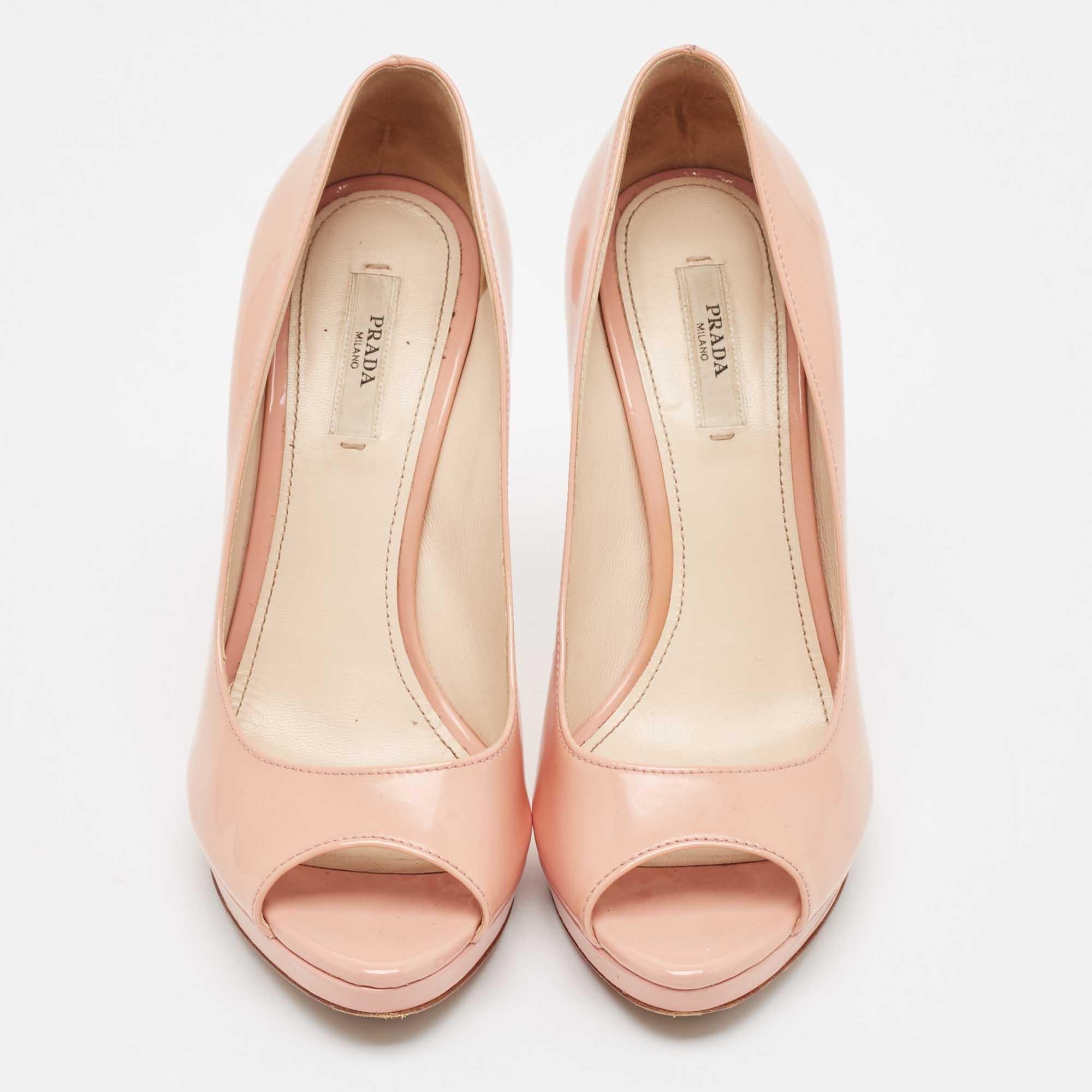 Beige Prada Pink Patent Leather Peep Toe Platform Pumps Size 37.5