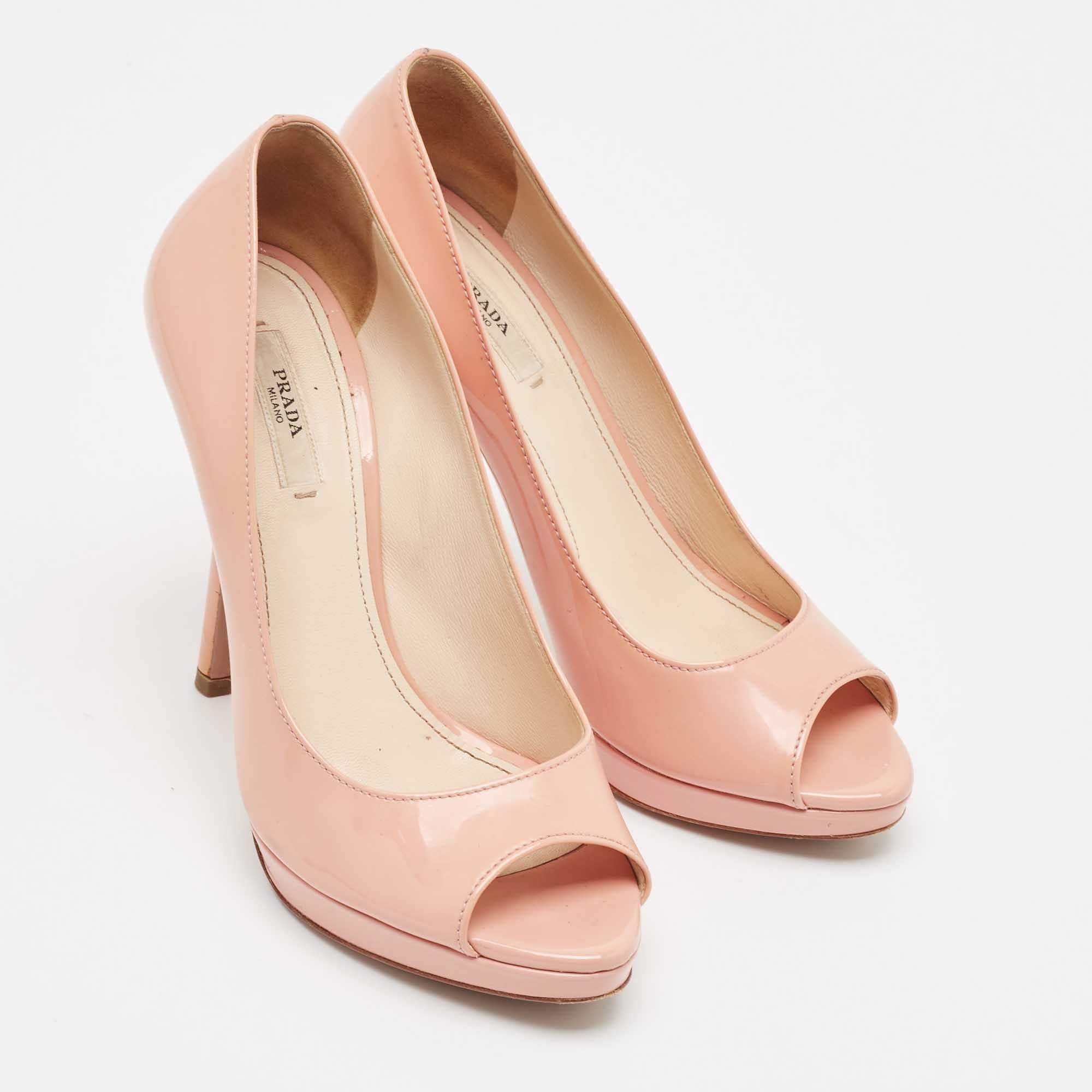 Prada Pink Patent Leather Peep Toe Platform Pumps Size 37.5 In Good Condition In Dubai, Al Qouz 2