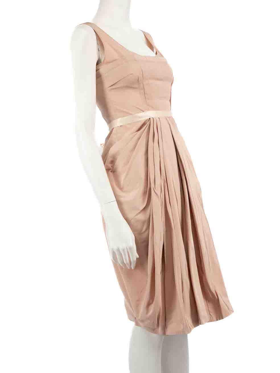 CONDITION is Very good. Hardly any visible wear to dress is evident on this used Prada designer resale item.
 
 Details
 Pink
 Silk
 Midi dress
 Pleated detail
 Round neckline
 Tie strap belted
 Ruched gathered accent
 Back zip closure with snap