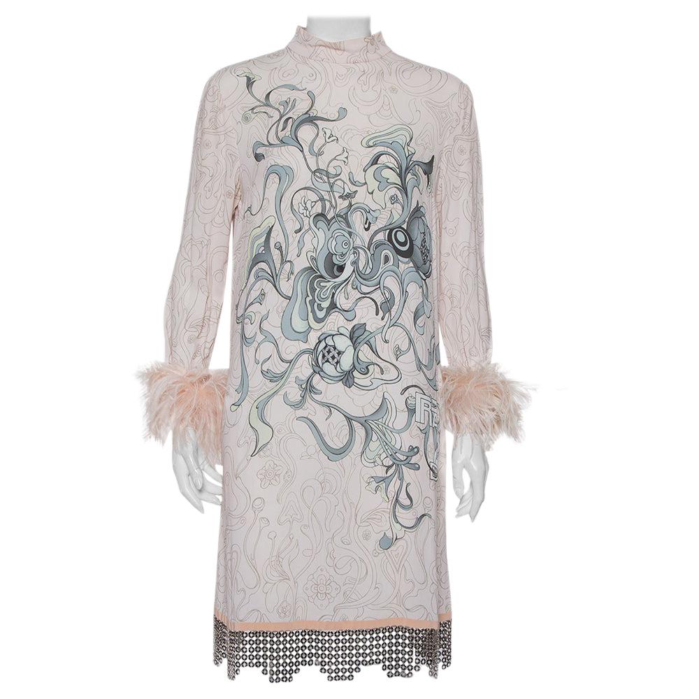 Prada Pink Printed Crepe Metal Hem & Feather Detail Sable Shift Dress M