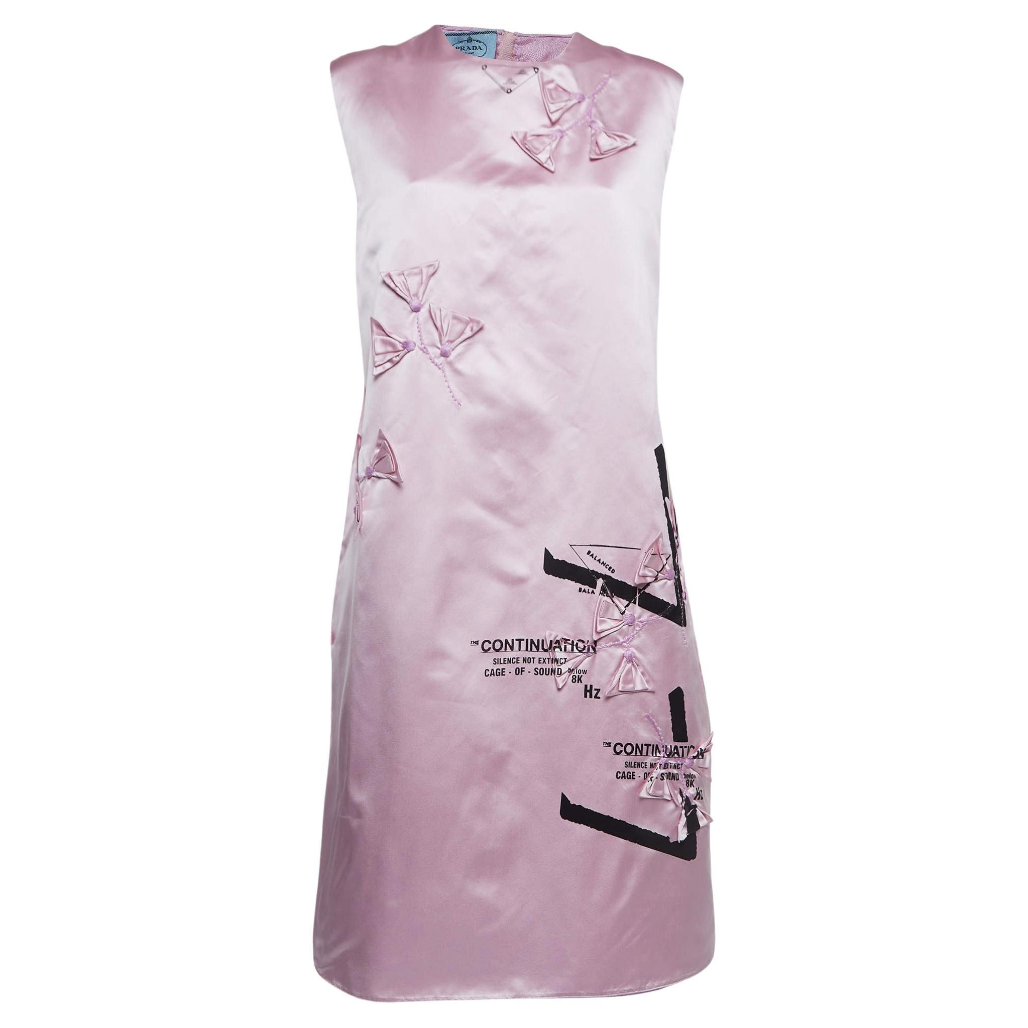 Prada Pink Printed Silk Floral Applique Duchess Shift Dress XL For Sale