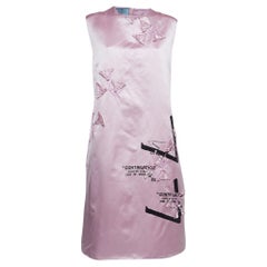 Used Prada Pink Printed Silk Floral Applique Duchess Shift Dress XL