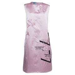 Prada Pink Printed Silk Floral Applique Duchess Shift Dress XL