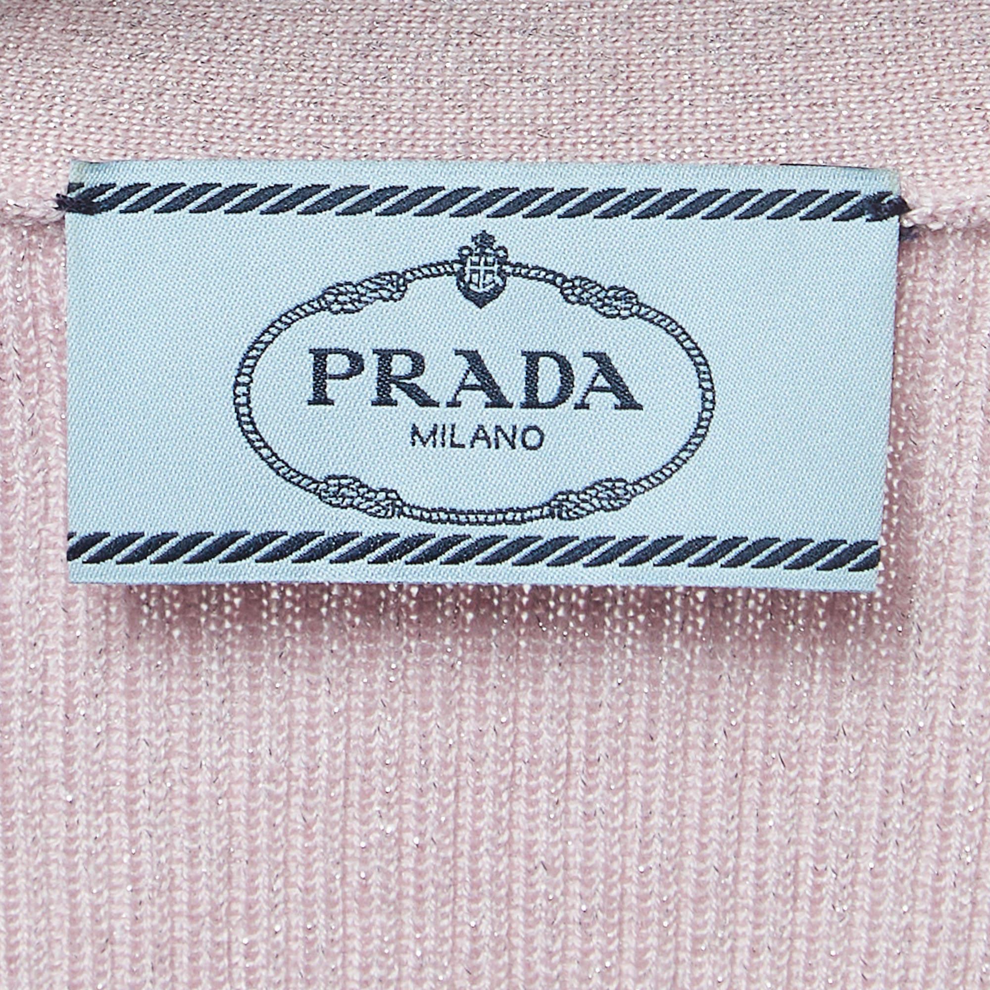 Prada Pink Rib Lurex Knit Buttoned Cardigan S For Sale 1