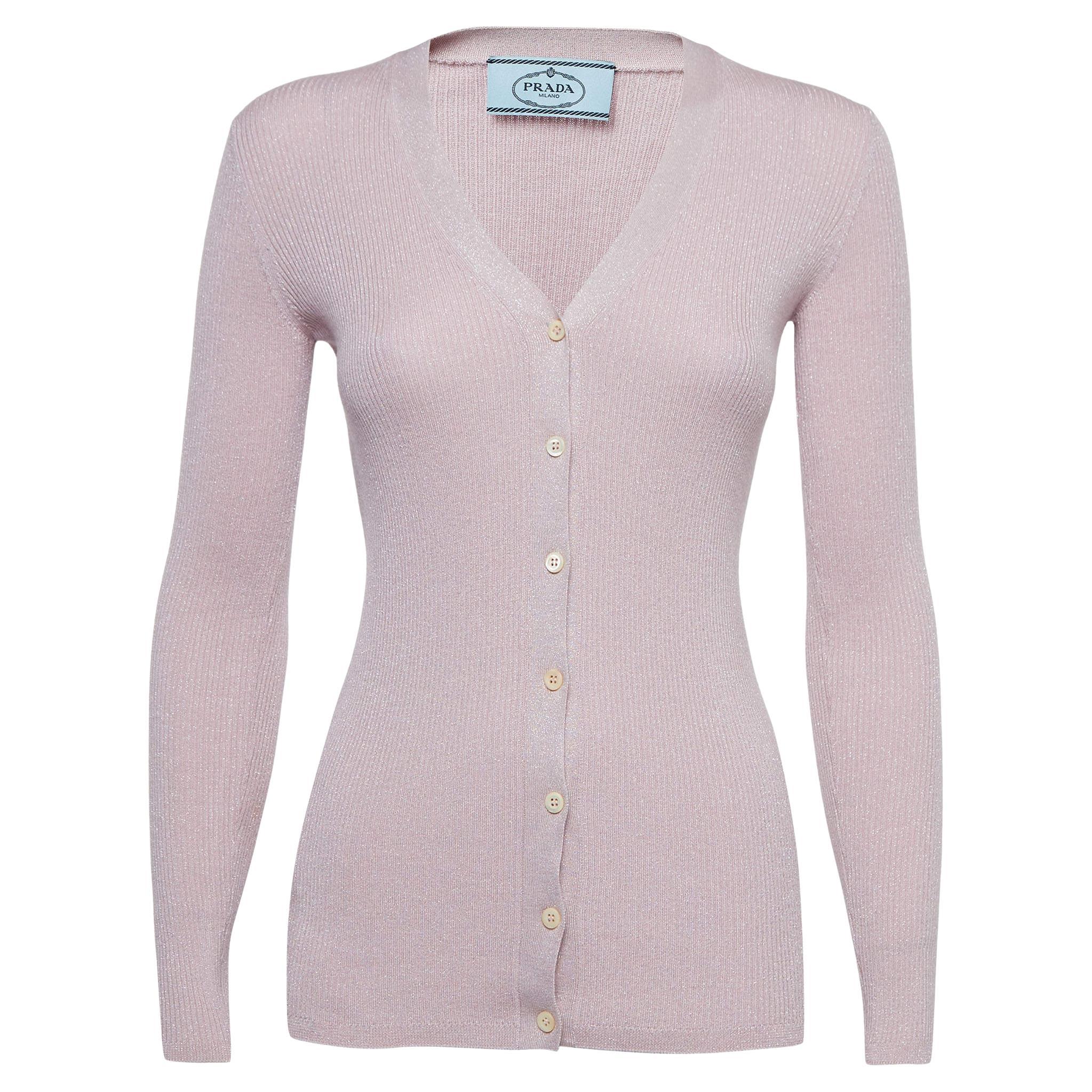 Prada Pink Rib Lurex Knit Buttoned Cardigan S For Sale