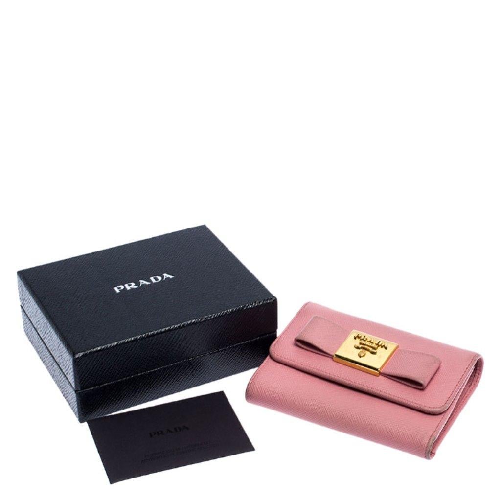 Prada Pink Saffiano Leather Bow Flap Trifold Wallet 4