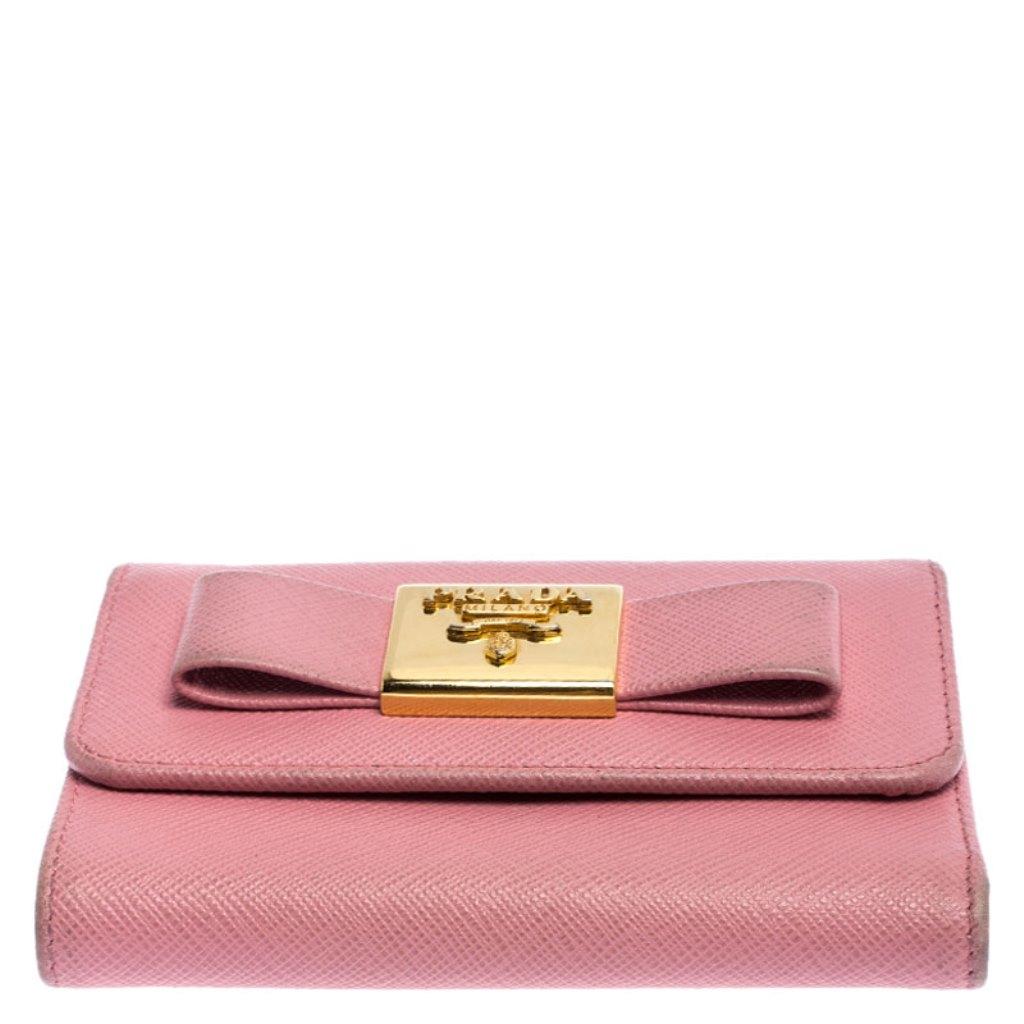 Prada Pink Saffiano Leather Bow Flap Trifold Wallet at 1stDibs | prada ...