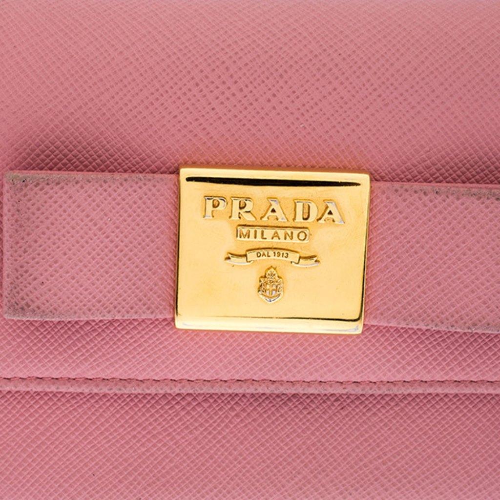Women's Prada Pink Saffiano Leather Bow Flap Trifold Wallet