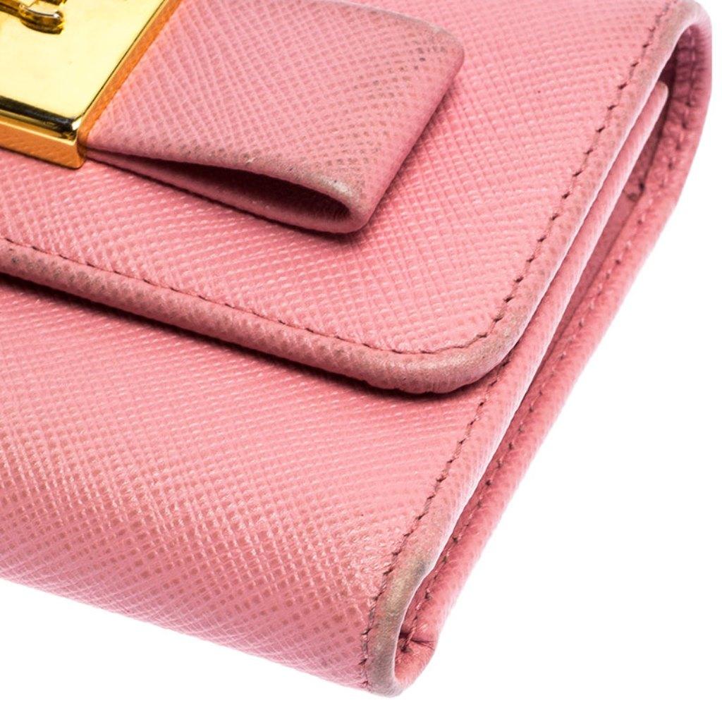 Prada Pink Saffiano Leather Bow Flap Trifold Wallet 1