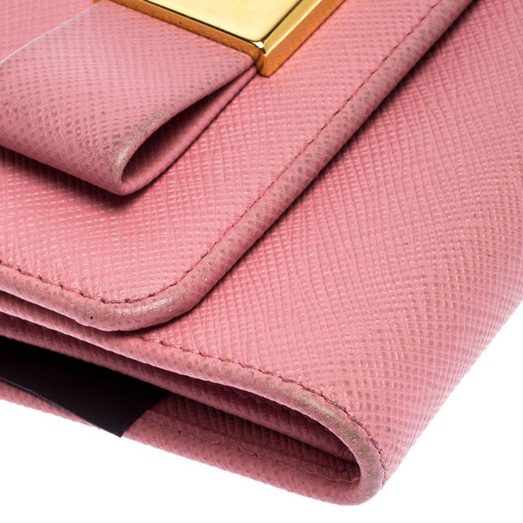 Prada Pink Saffiano Leather Bow Flap Trifold Wallet 2