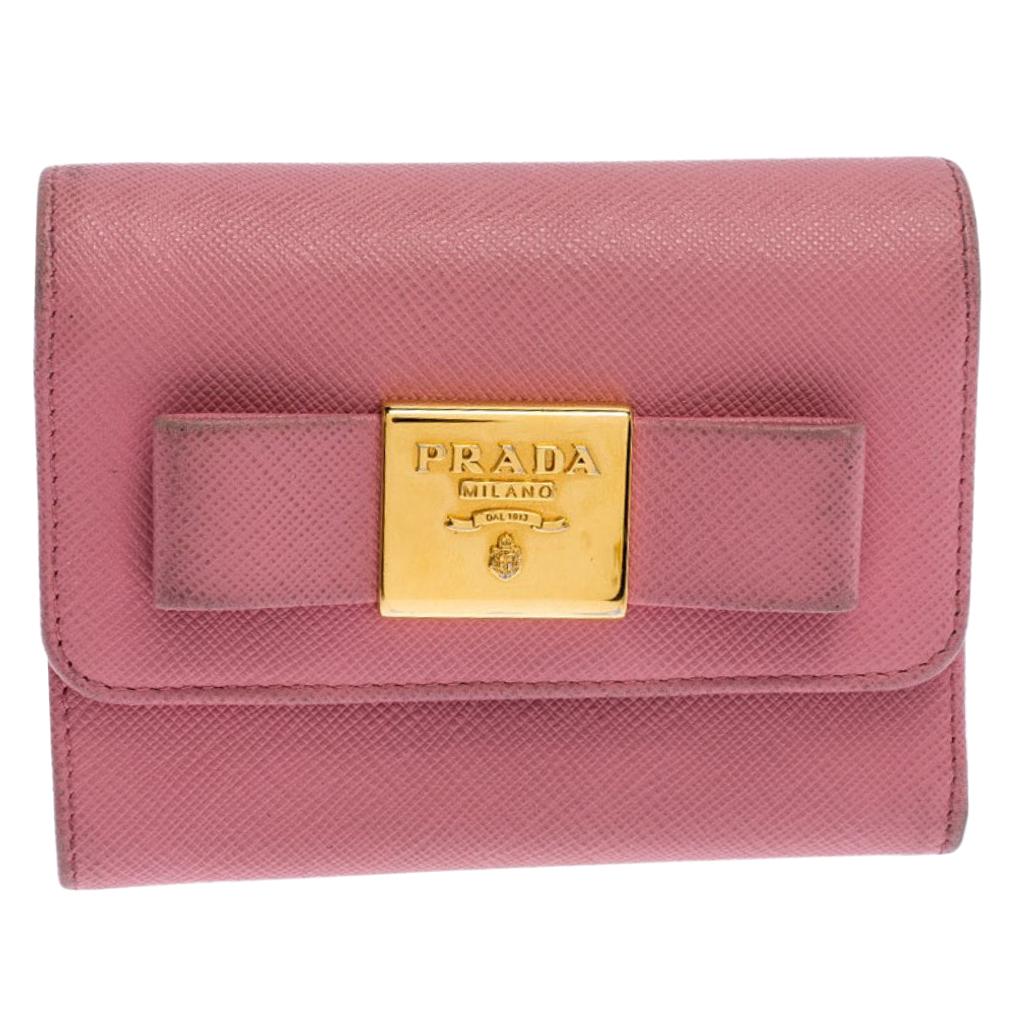 Prada pink Saffiano Leather Bow Tie Wallet (12N) – Luxury Leather Guys