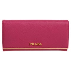 Prada Red Saffiano Leather Metal Bar Flap Continental Wallet Prada