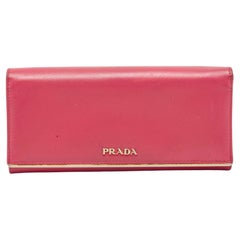 Used Prada Pink Saffiano Leather Metal Detail Continental Wallet