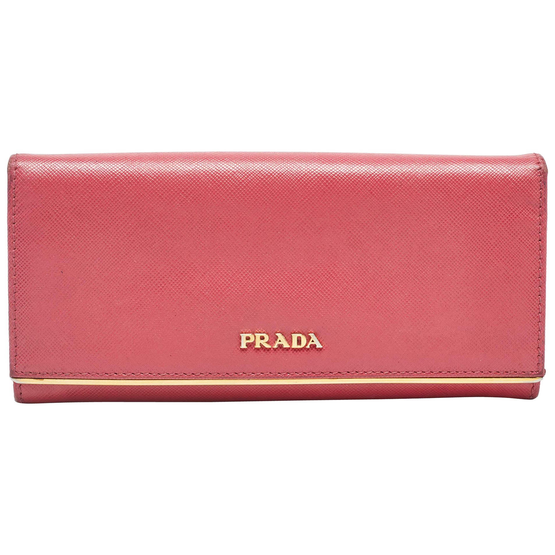 Prada Portefeuille continental à rabat en cuir Saffiano rose