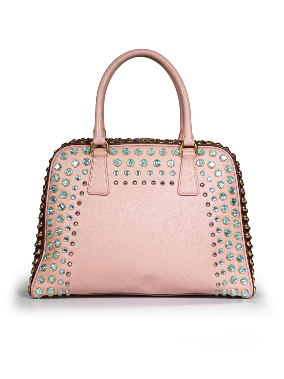 Bolso piramidal de piel saffiano rosa de Prada Beige