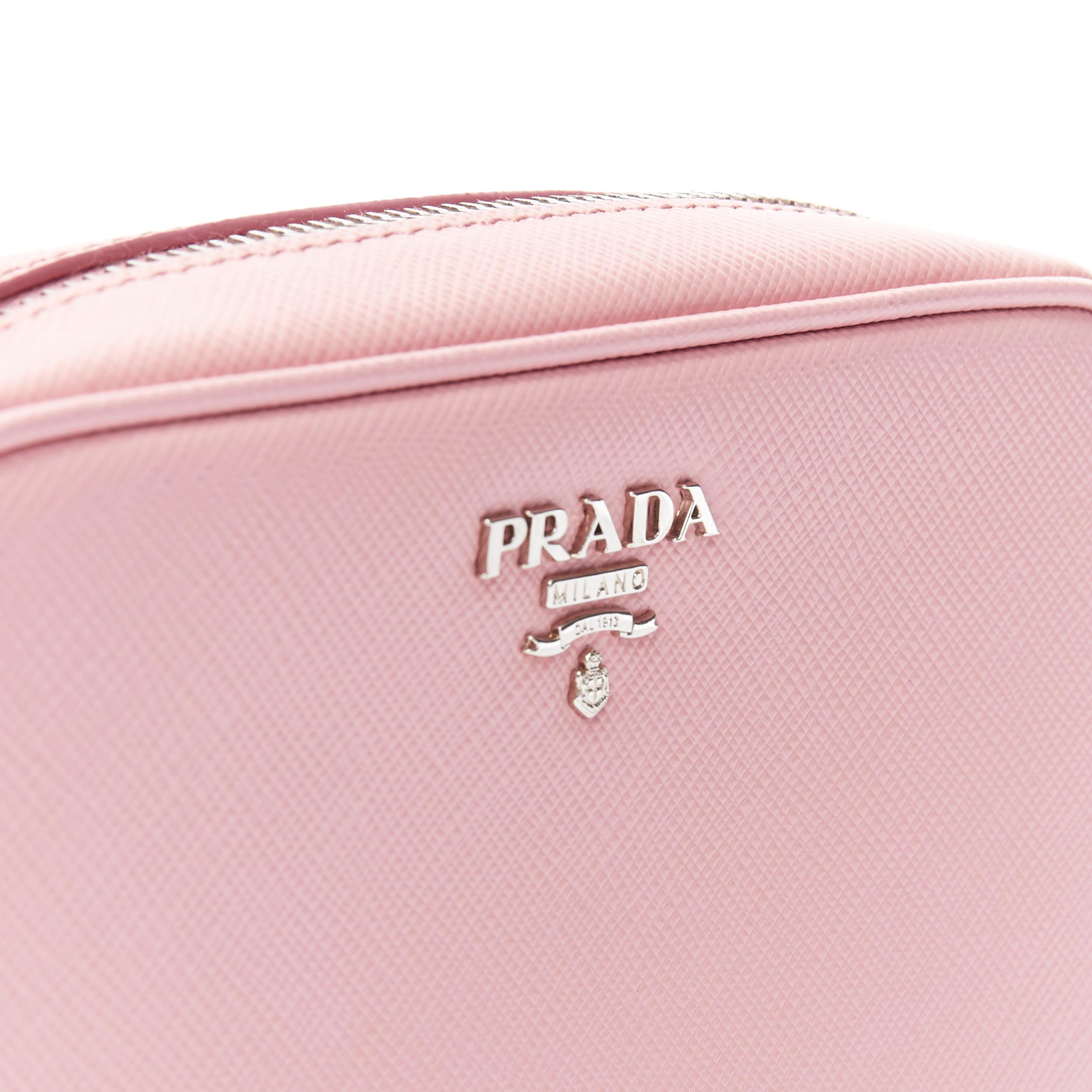 PRADA pink saffiano leather silver logo hardware small crossbody camera bag In Excellent Condition In Hong Kong, NT