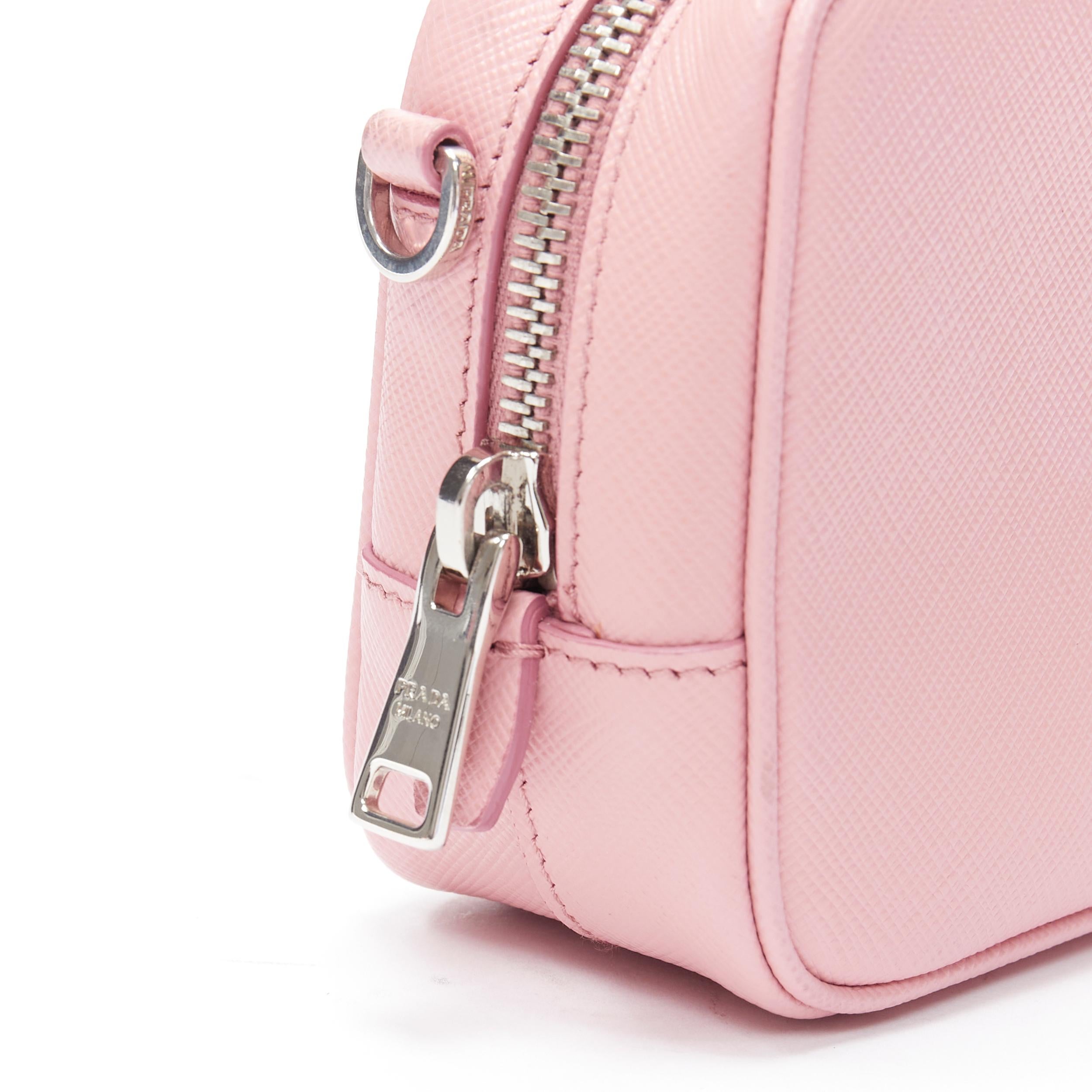 Women's PRADA pink saffiano leather silver logo hardware small crossbody camera bag