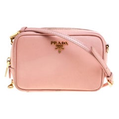 PRADA Bandoliera Bruyere pink saffiano leather gold logo crossbody camera  bag