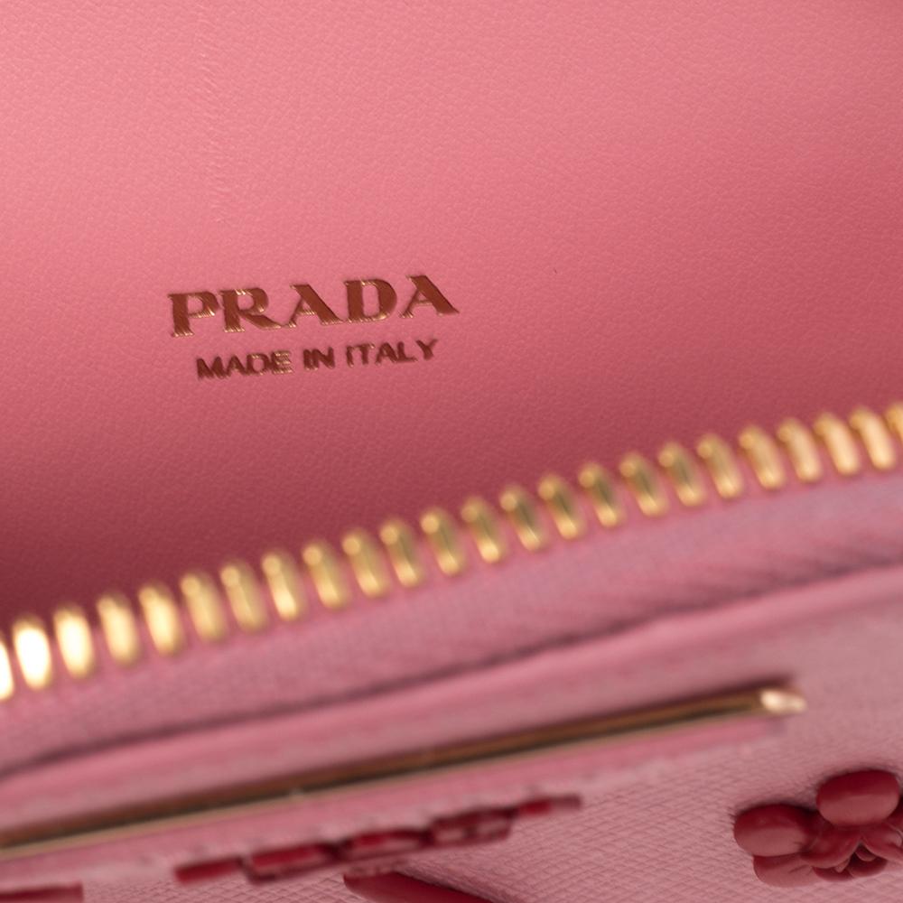 Prada Pink Saffiano Lux Leather Embellished Phone Crossbody Bag In Excellent Condition In Dubai, Al Qouz 2