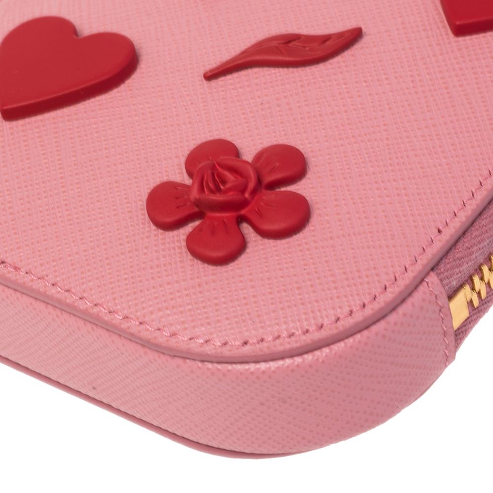 Women's Prada Pink Saffiano Lux Leather Embellished Phone Crossbody Bag