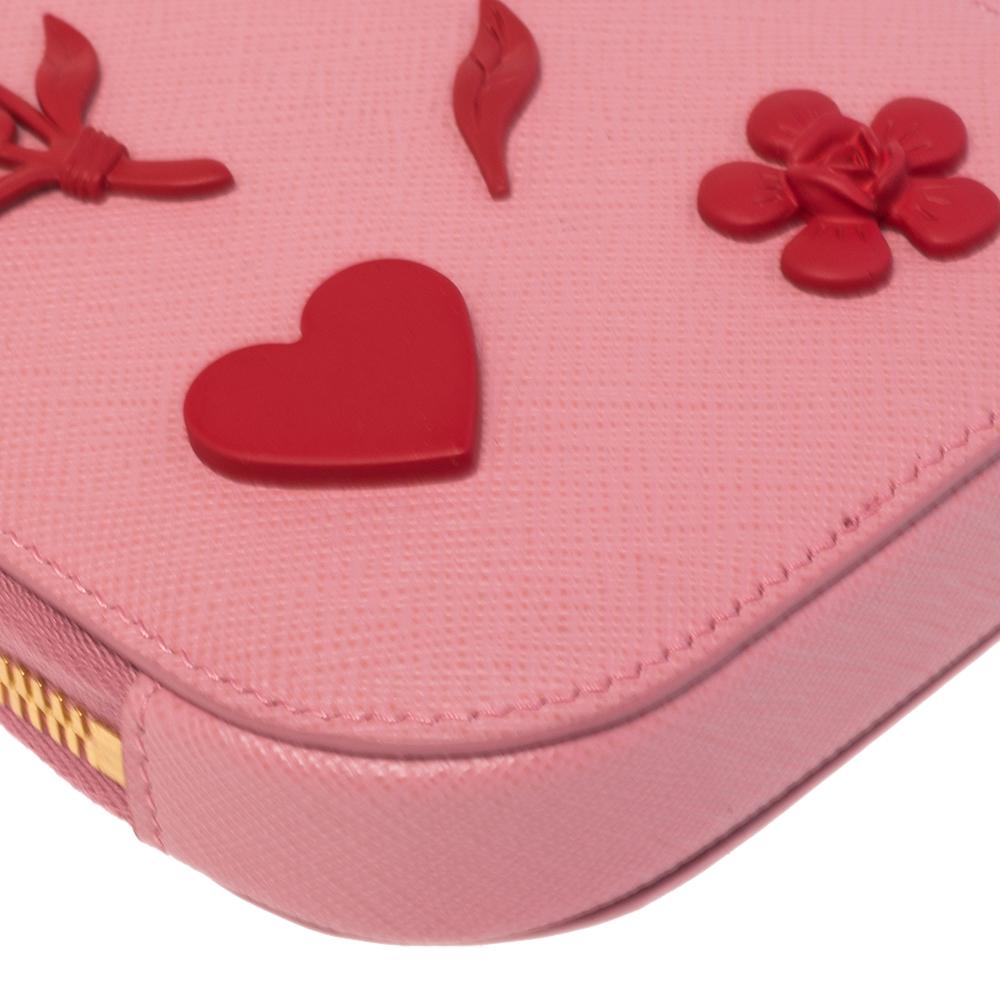 Prada Pink Saffiano Lux Leather Embellished Phone Crossbody Bag 1