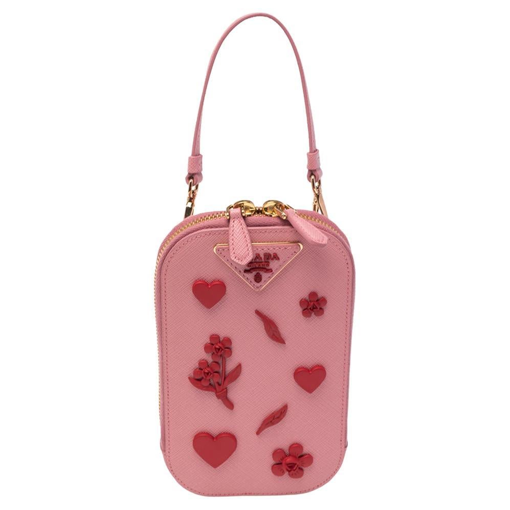 Prada Pink Saffiano Lux Leather Embellished Phone Crossbody Bag