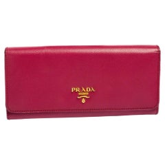 Prada Pink Saffiano Lux Leather Metal Bar Flap Continental Wallet Prada