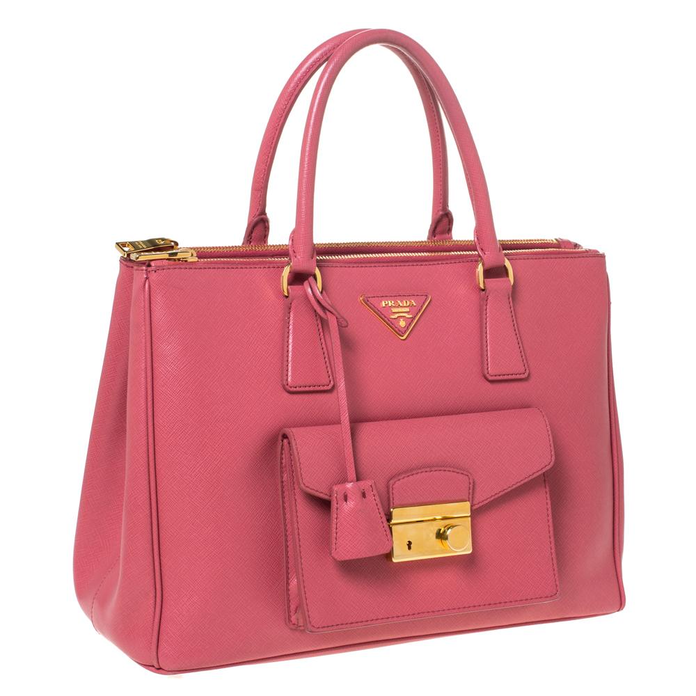 Women's Prada Pink Saffiano Lux Leather Medium Front Pocket Double Zip Lux Tote