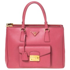 Prada Pink Saffiano Lux Leather Medium Front Pocket Double Zip Lux Tote