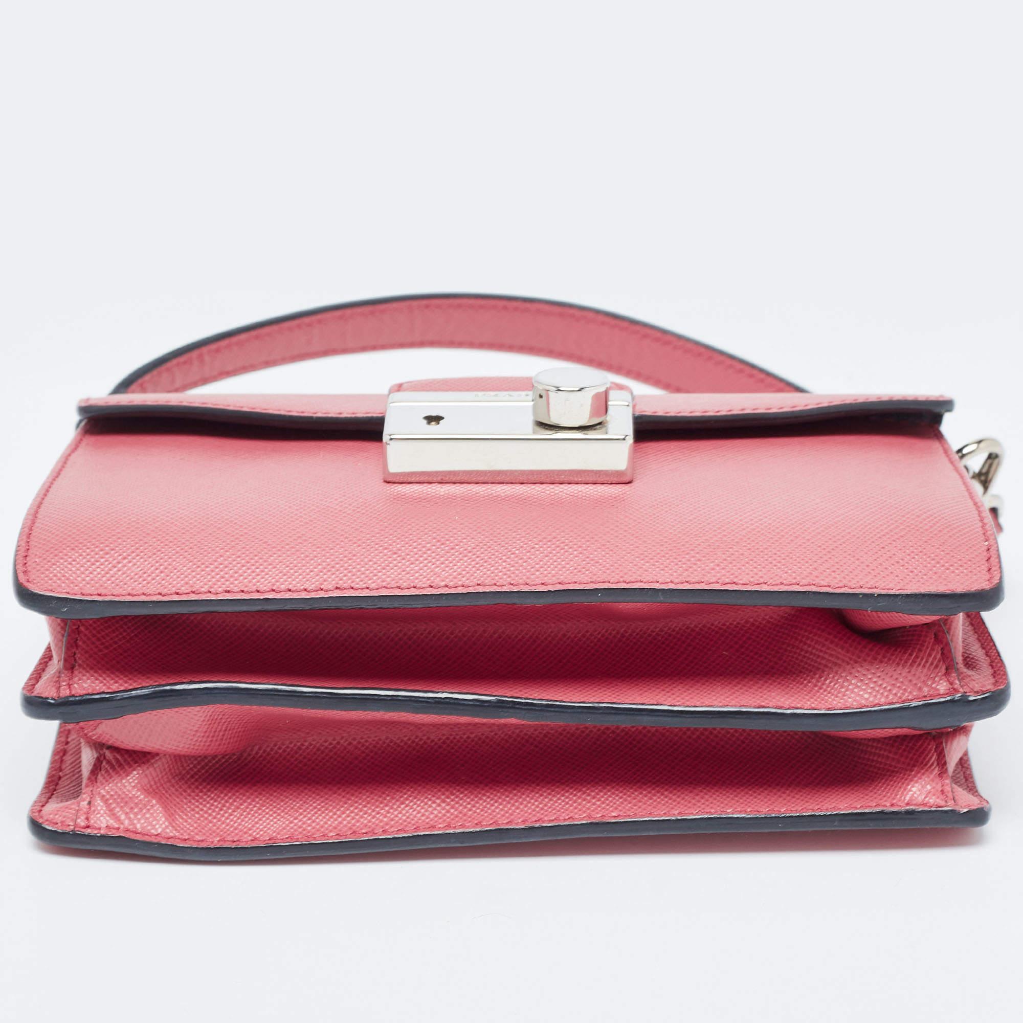 Prada Pink Saffiano Lux Leather Mini Sound Flap Crossbody Bag In Good Condition In Dubai, Al Qouz 2
