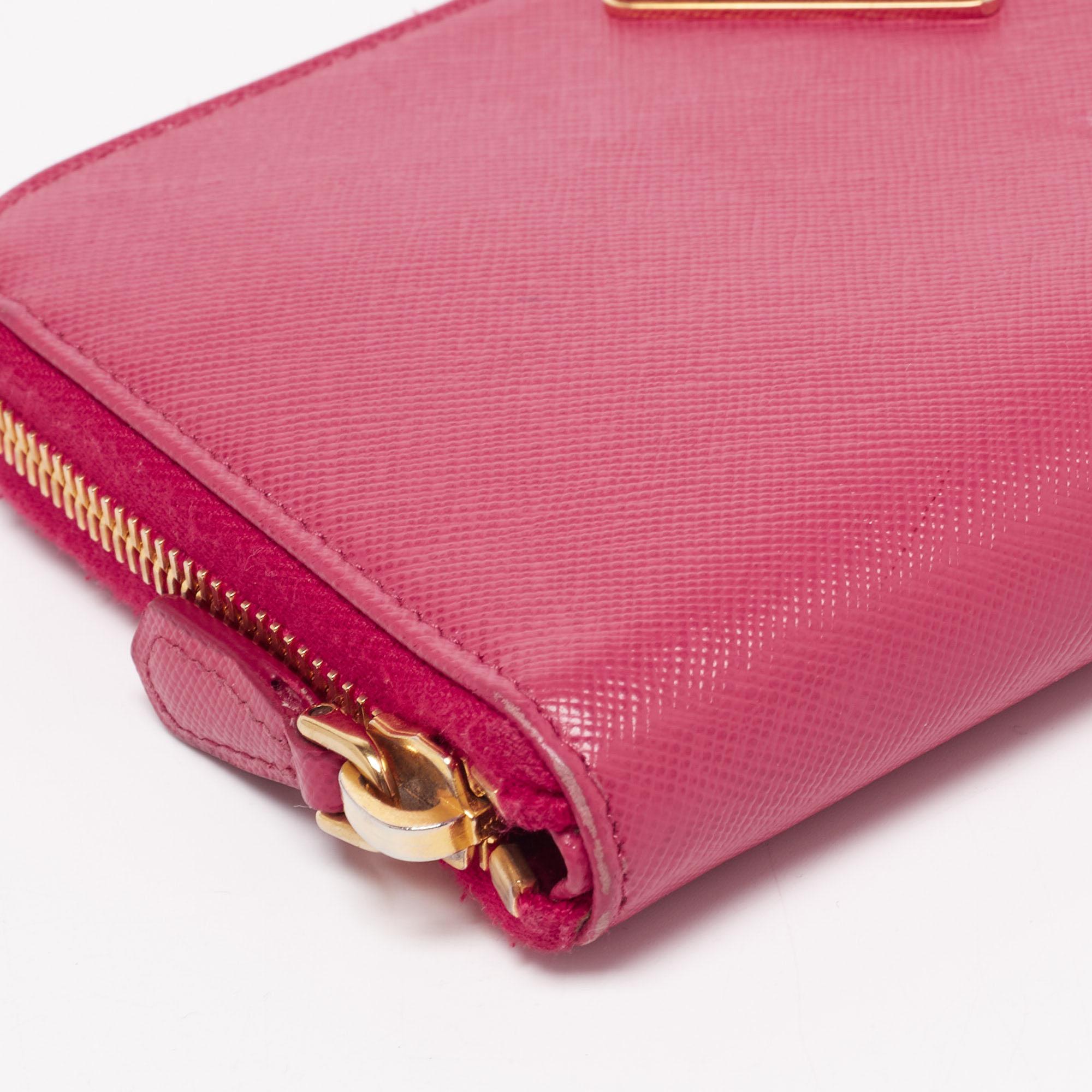 Women's Prada Pink Saffiano Lux Leather Zip Around Wallet