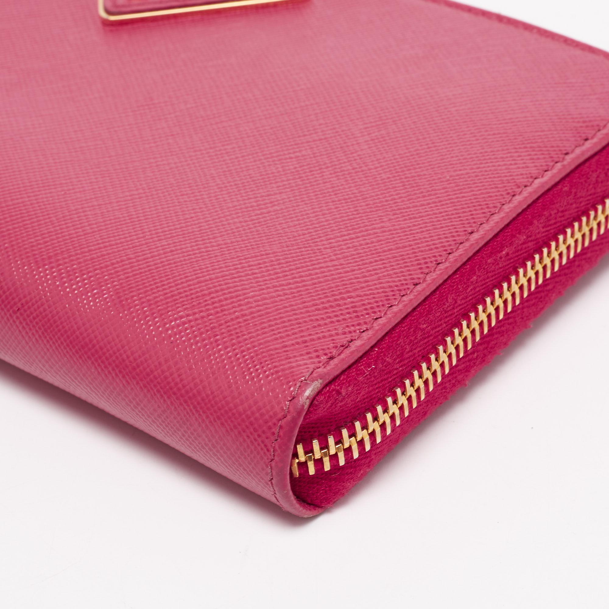 Prada Pink Saffiano Lux Leather Zip Around Wallet 3