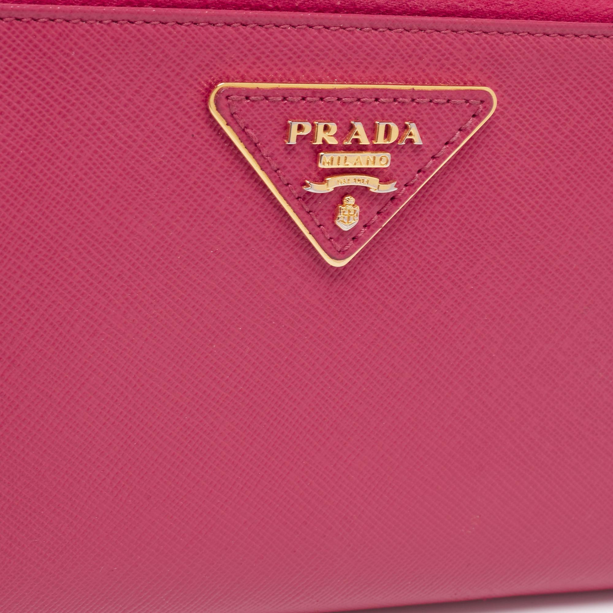 Prada Pink Saffiano Lux Leather Zip Around Wallet 4