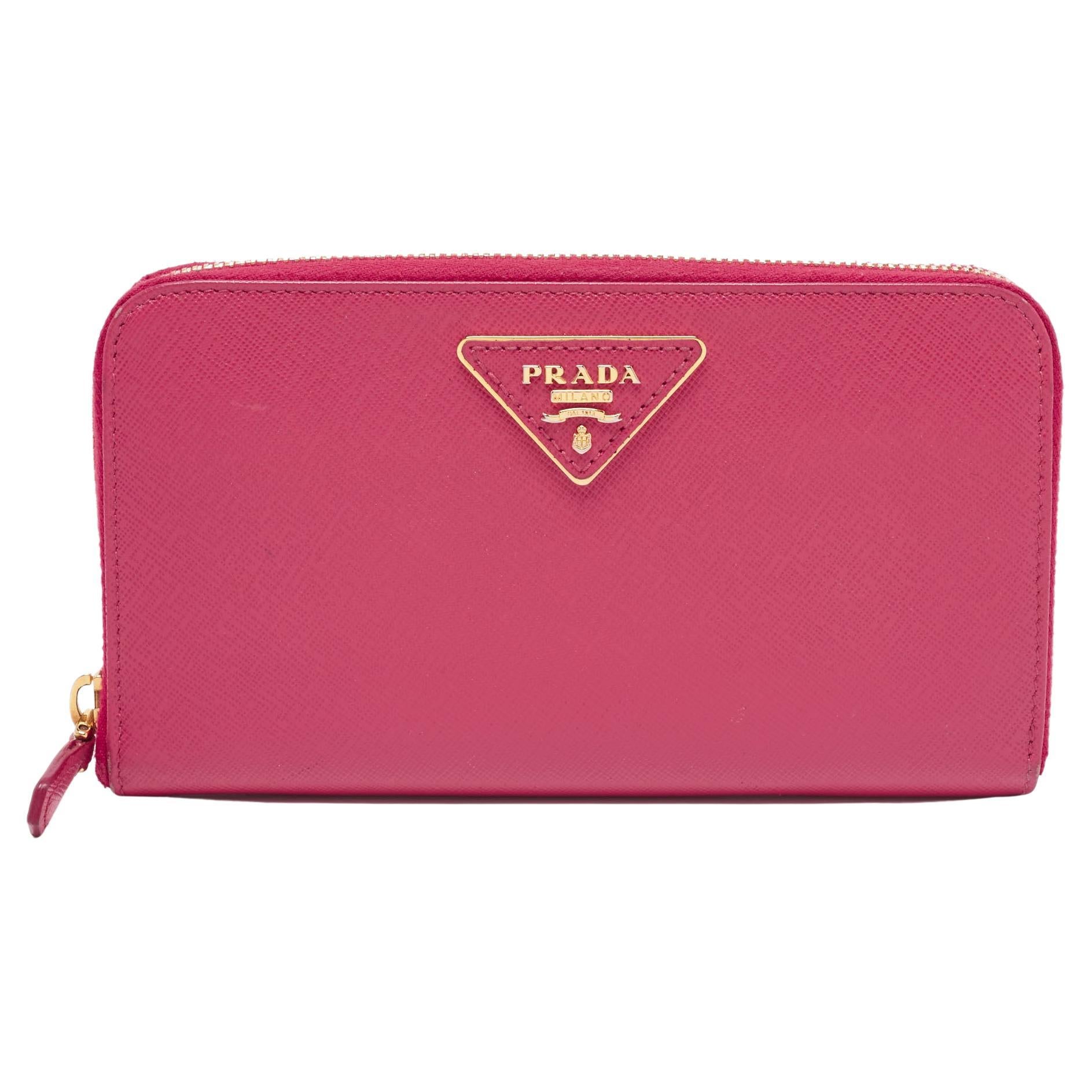 Prada Pink Saffiano Lux Leather Zip Around Wallet