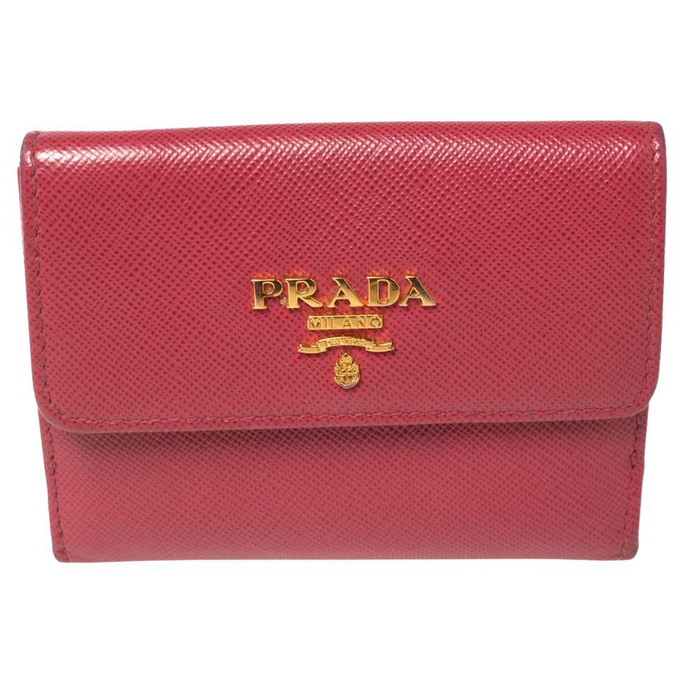 Prada Pink Saffiano Metal Leather Card Holder Wallet