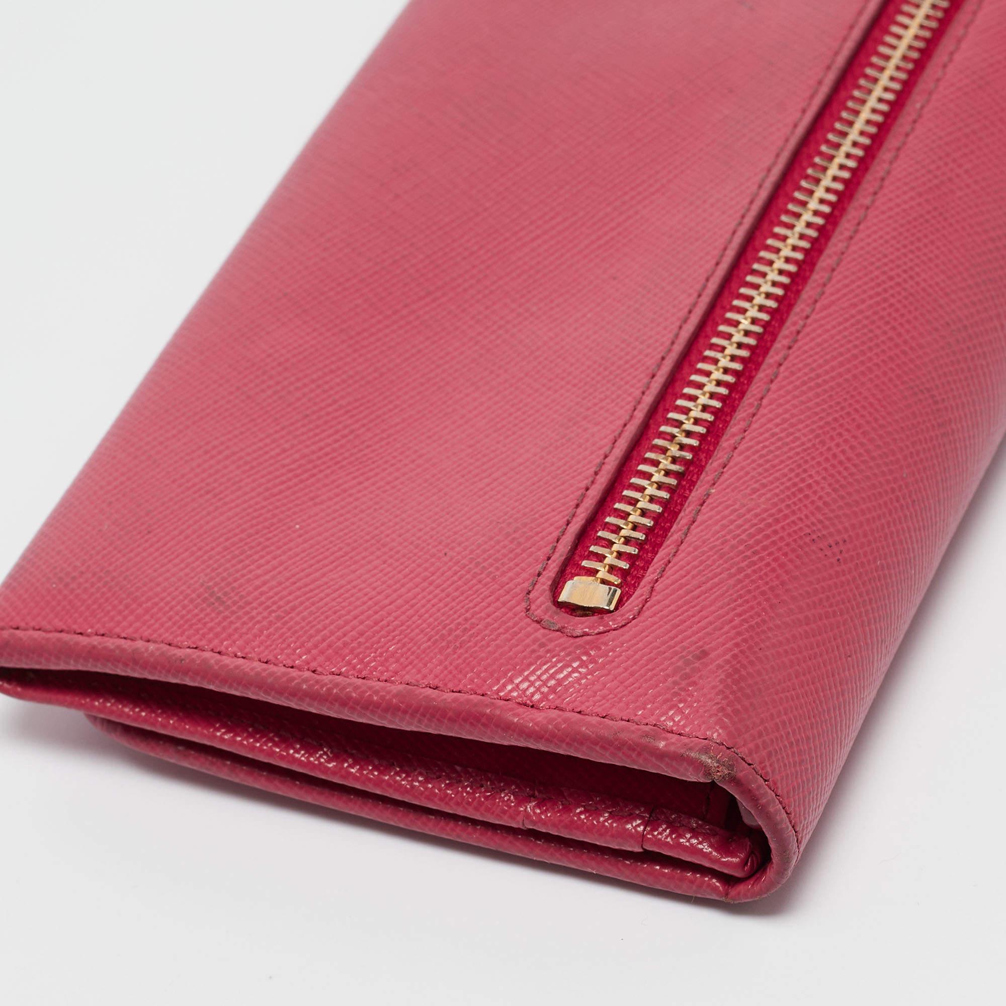 Prada Pink Saffiano Metal Leather Triangle Logo Flap Continental Wallet For Sale 6