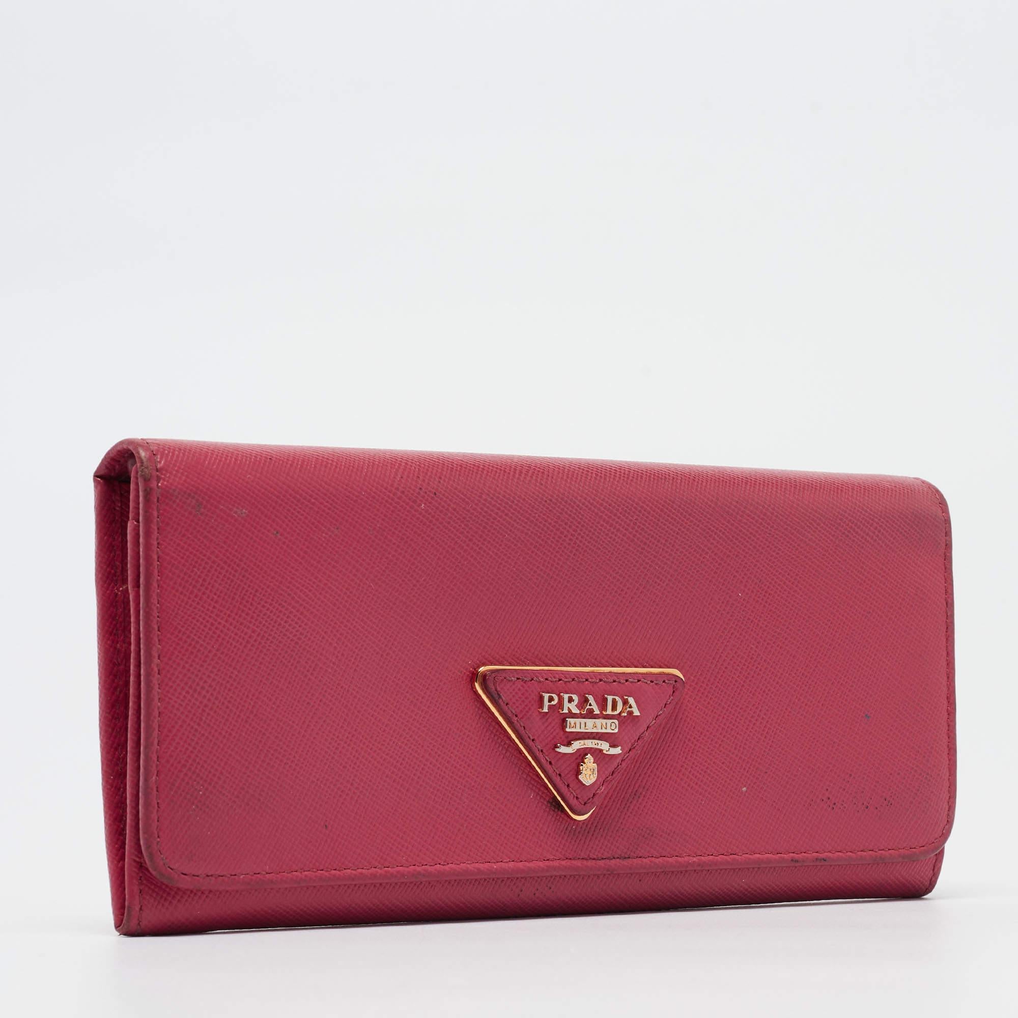 Women's Prada Pink Saffiano Metal Leather Triangle Logo Flap Continental Wallet For Sale