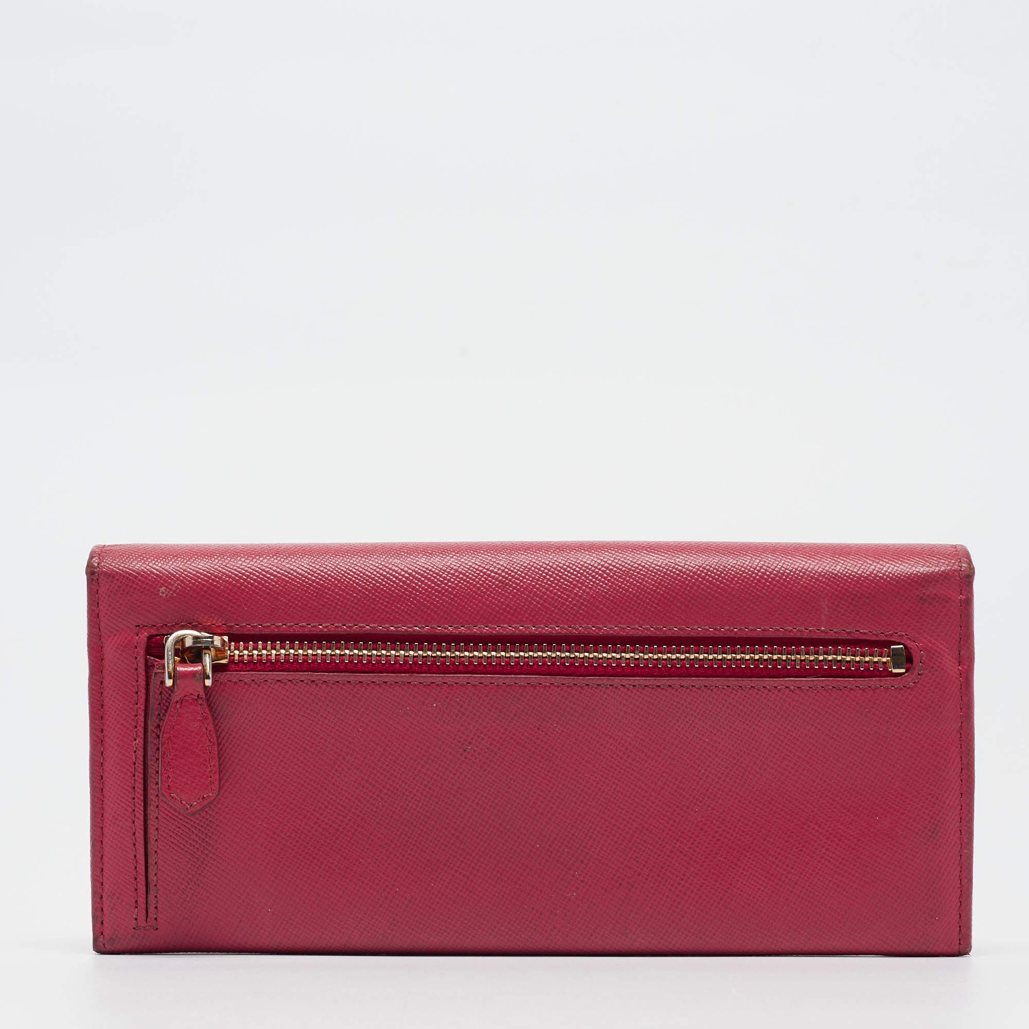 Prada Pink Saffiano Metal Leather Triangle Logo Flap Continental Wallet For Sale 1