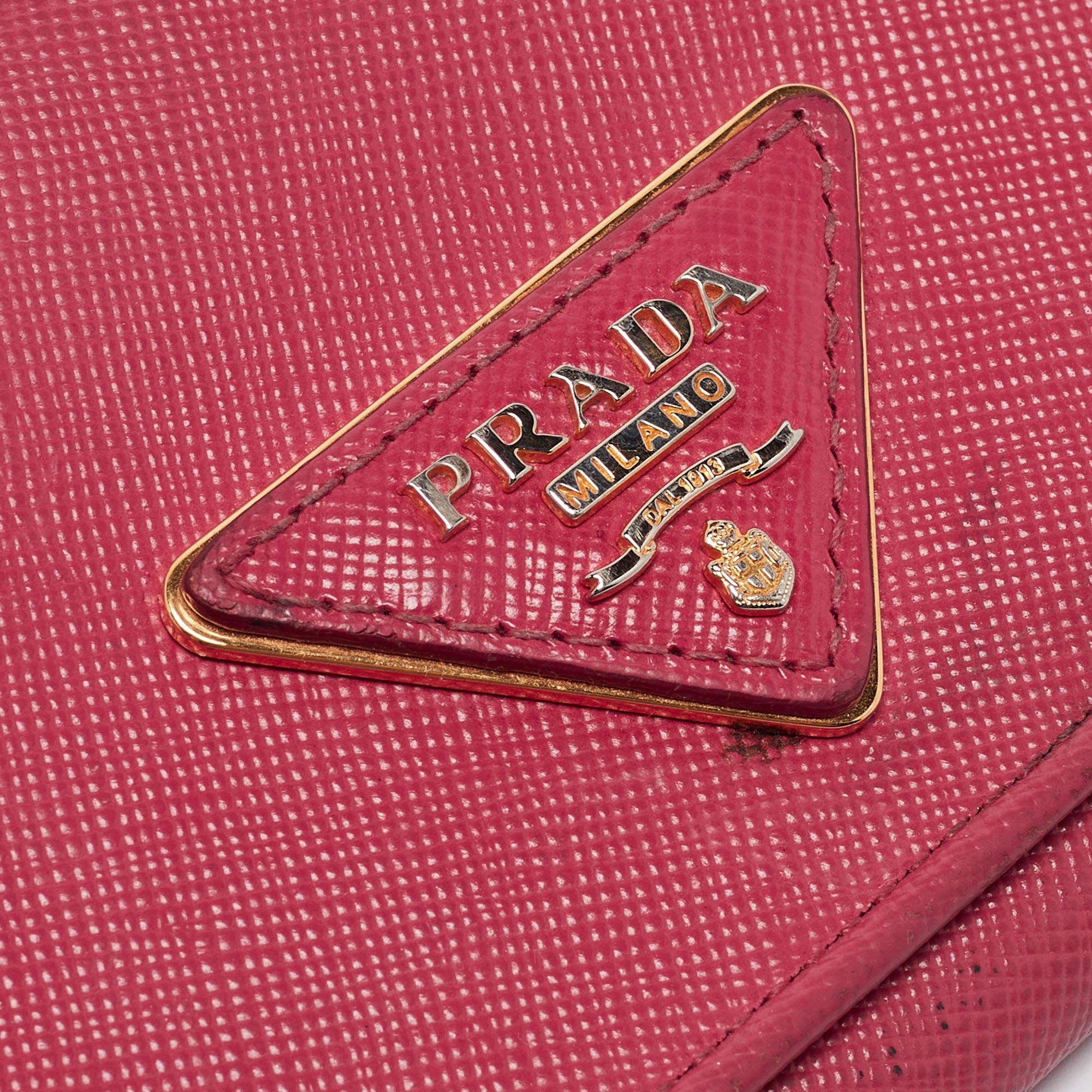 Prada Pink Saffiano Metal Leather Triangle Logo Flap Continental Wallet For Sale 3