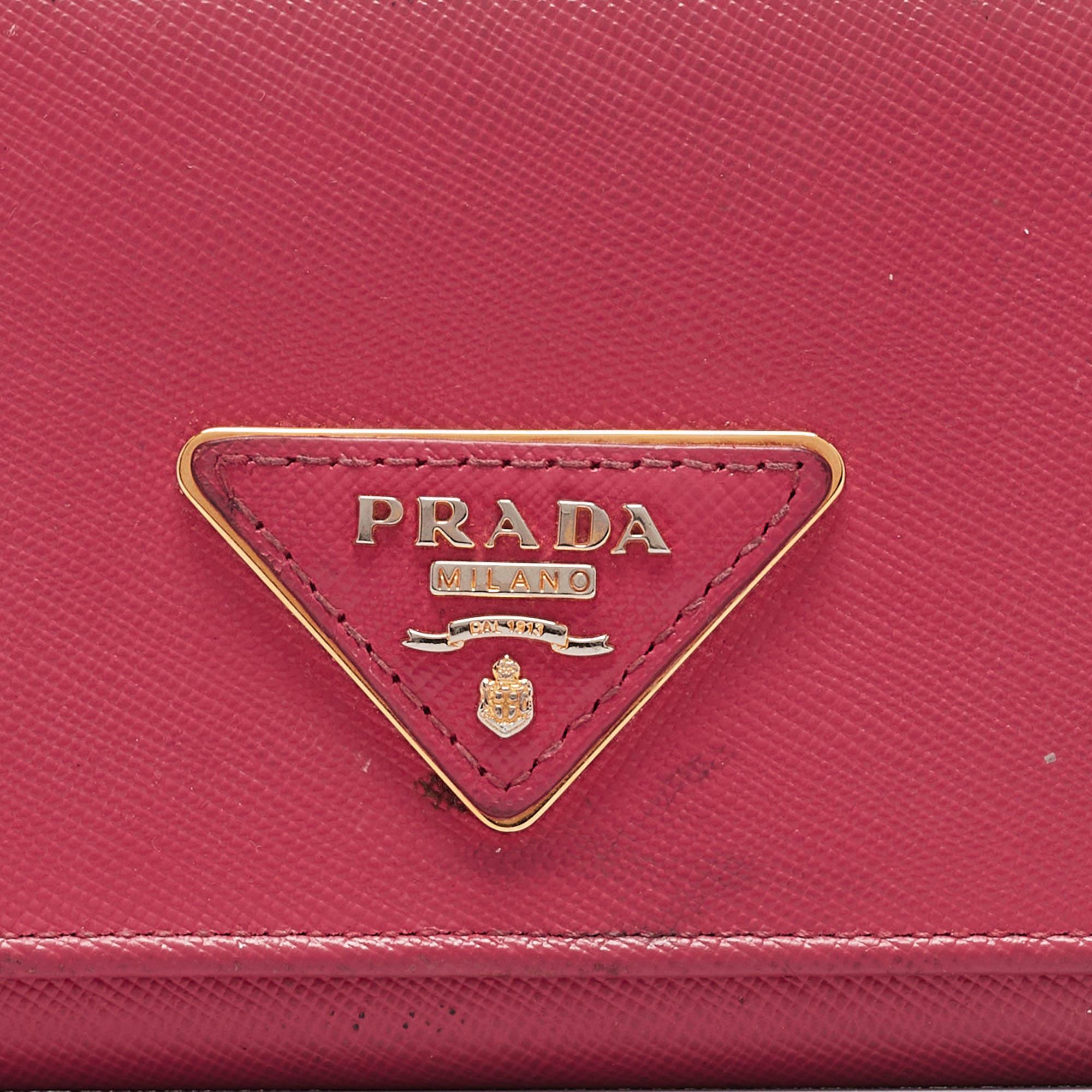 Prada Pink Saffiano Metal Leather Triangle Logo Flap Continental Wallet For Sale 4