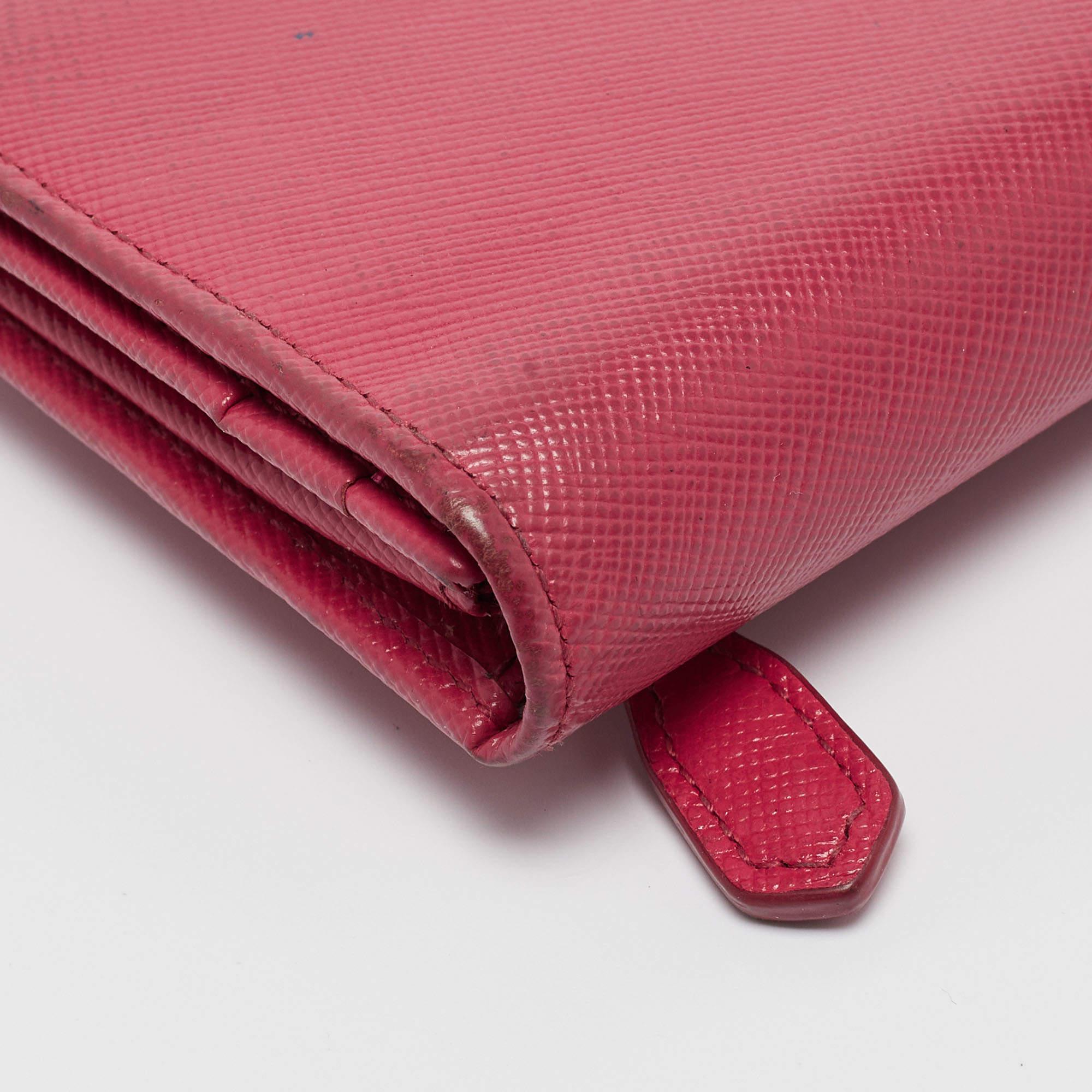 Prada Pink Saffiano Metal Leather Triangle Logo Flap Continental Wallet For Sale 5