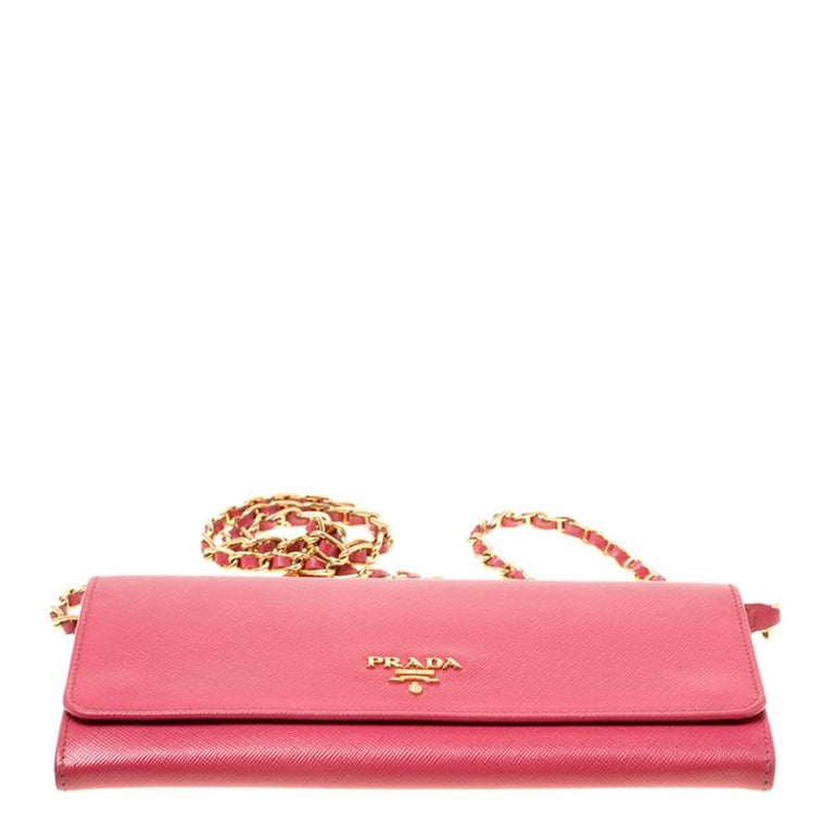 Prada Pink Saffiano Metal Leather Wallet on Chain For Sale at 1stDibs