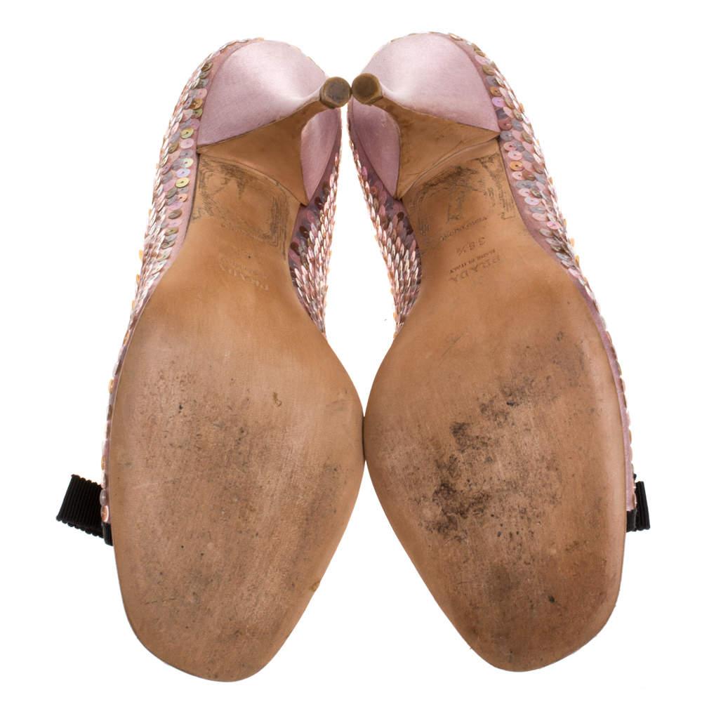 Prada Pink Satin Sequin Embellished Bow Detail Peep Toe Pumps Size 38.5 2